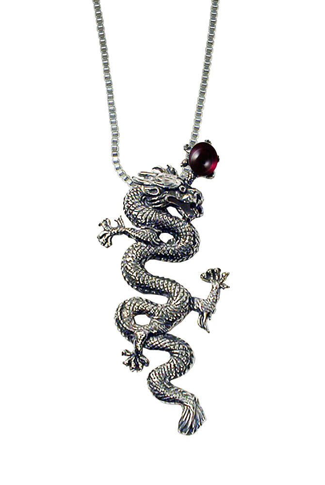 Sterling Silver Dragon of the Ages Pendant With Garnet